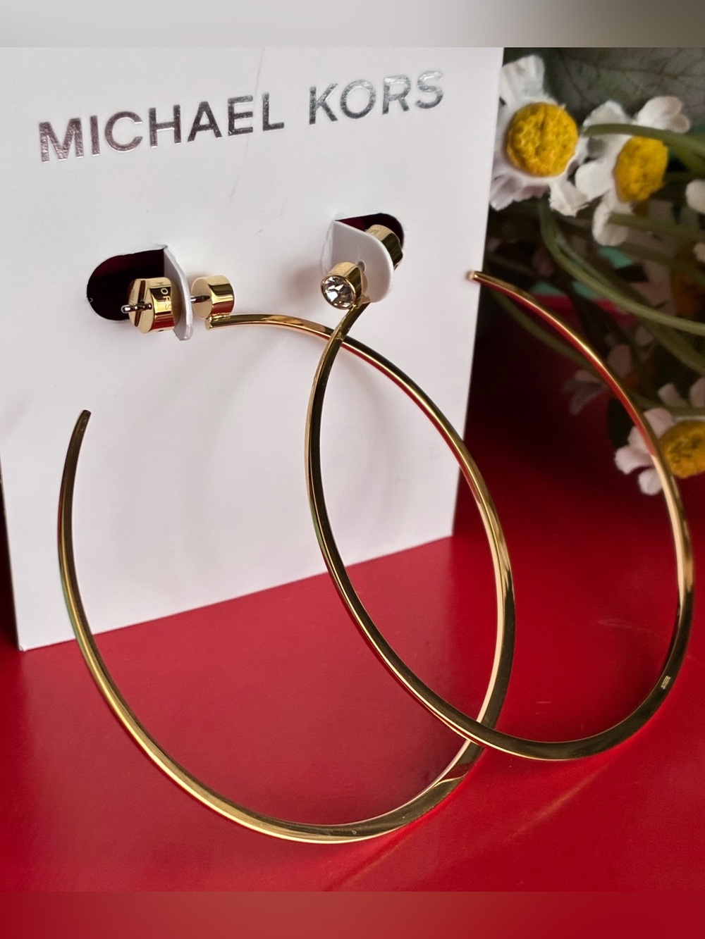 Michael Kors Shiny Gold Hoop Earrings with Crystal Stud - Picture 3 of 8